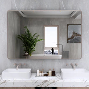 55" x 36"(Silver) Filleted Corner Wall Mounted Mirror, Bathroom Mirror, Vanity Wall Mirror With Metal Frame - RigMore In Stock