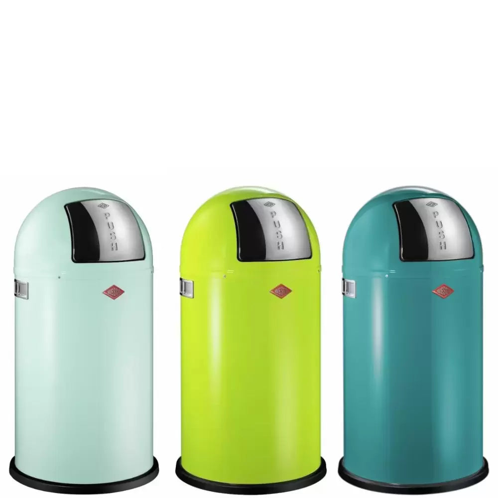 Three different coloured Wesco Pushboy bins