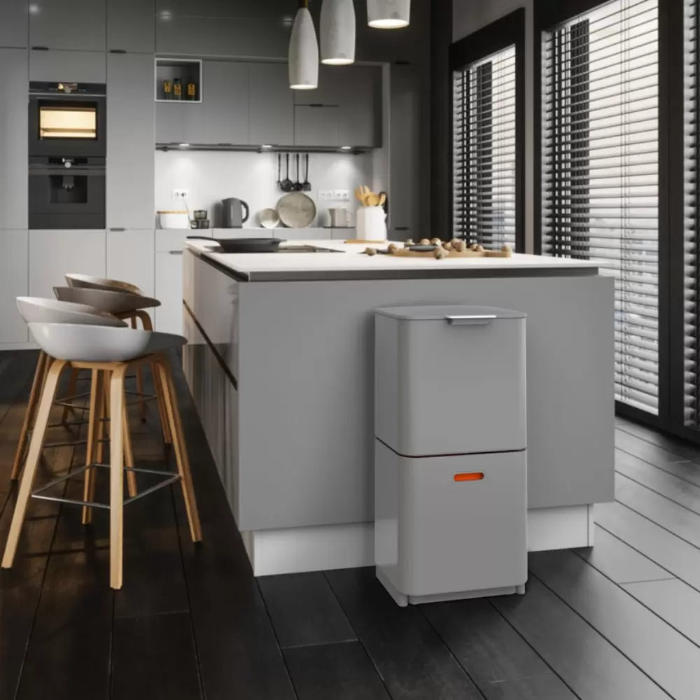 A grey Totem bin in a grey kitchen