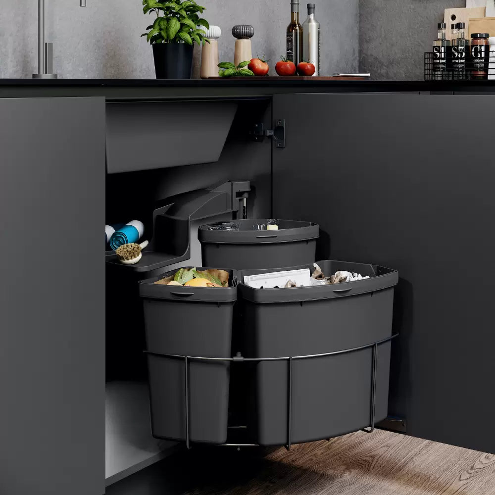 A corner bin for an under-sink cabinet