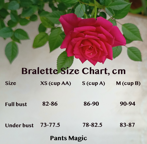 Bralette size chart for XS, S and M size options