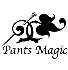 Pants Magic Logo with a grape leaf and a sewing pin.
