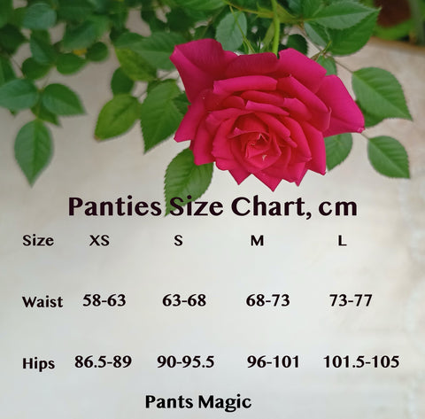 Size chart for panties, sizing options XS, S, M, L