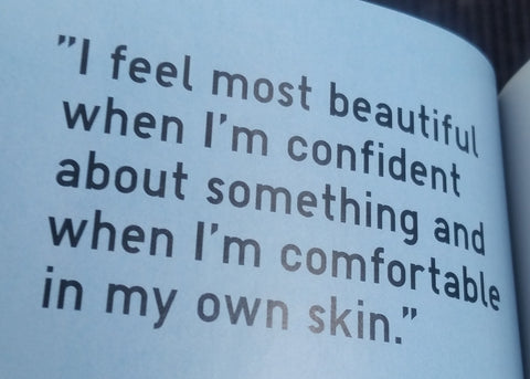 Image of a magazine page with the quote: "I feel most beautiful when I'm confident and when I'm comfortable in my own skin".