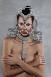 OBJECT AND DAWN - JAS MODULAR HEADPIECE SYSTEM W/FACE CHAIN, COWRIE SHELL TASSELS, IN PEARL