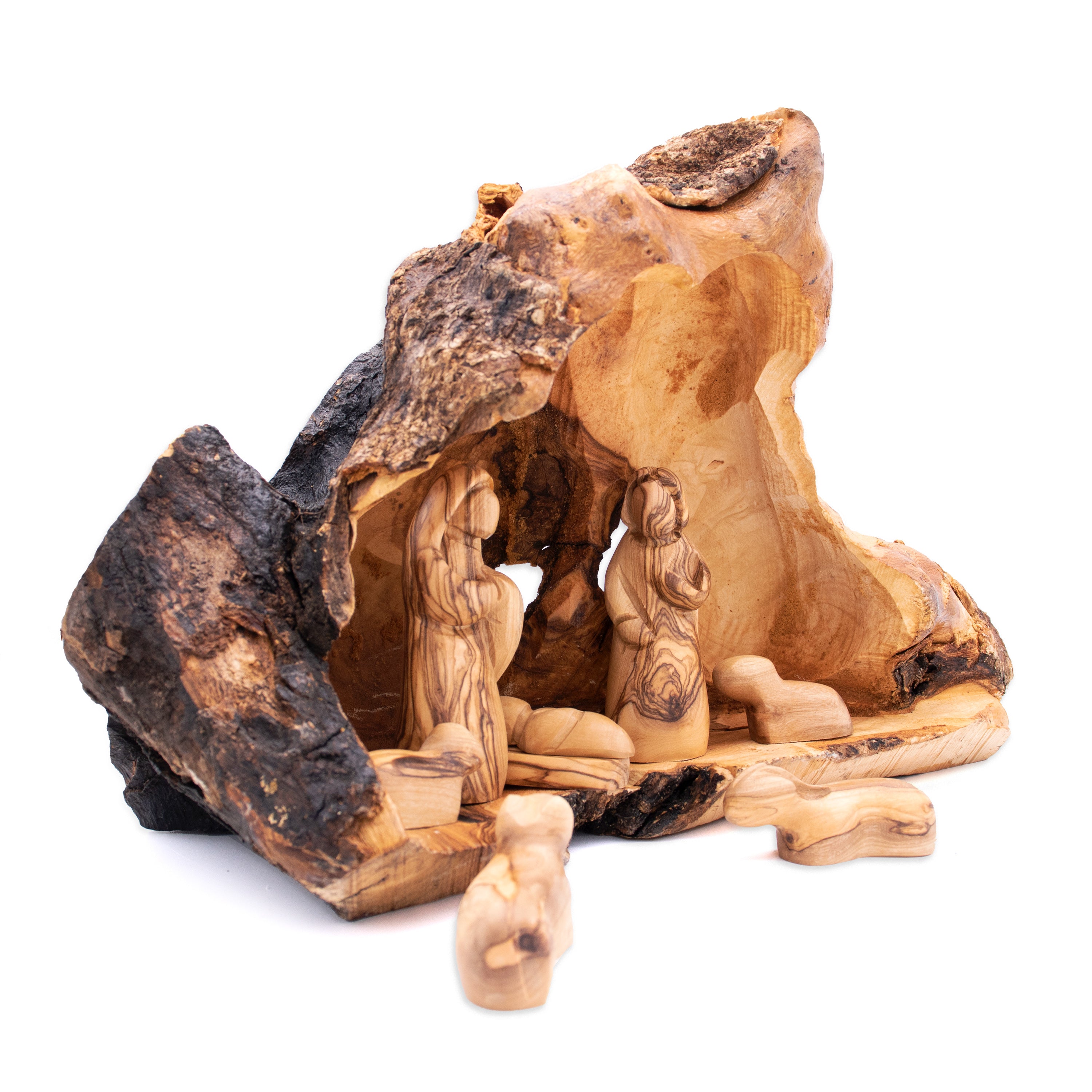 Nativity scene set carved inside an olive tree branch - Holy Land Nativity set - Wooden Manger Scene for Christmas decor
