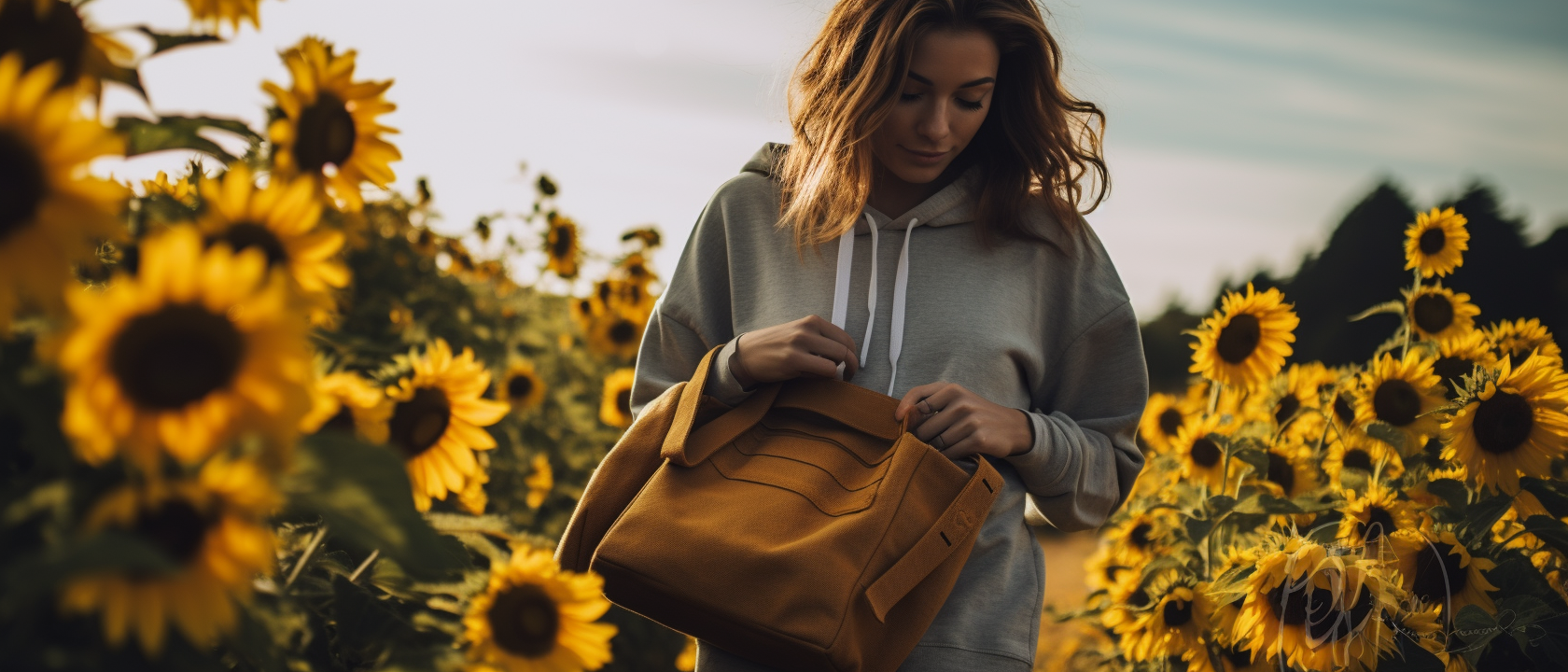 A chic individual in a sunflower hoodie, holding a cute tote bag adorned with vibrant sunflower designs, photographed with the atmospheric depth of a Canon EOS 6D with an 18mm lens, capturing the essence of accessorizing to perfection.