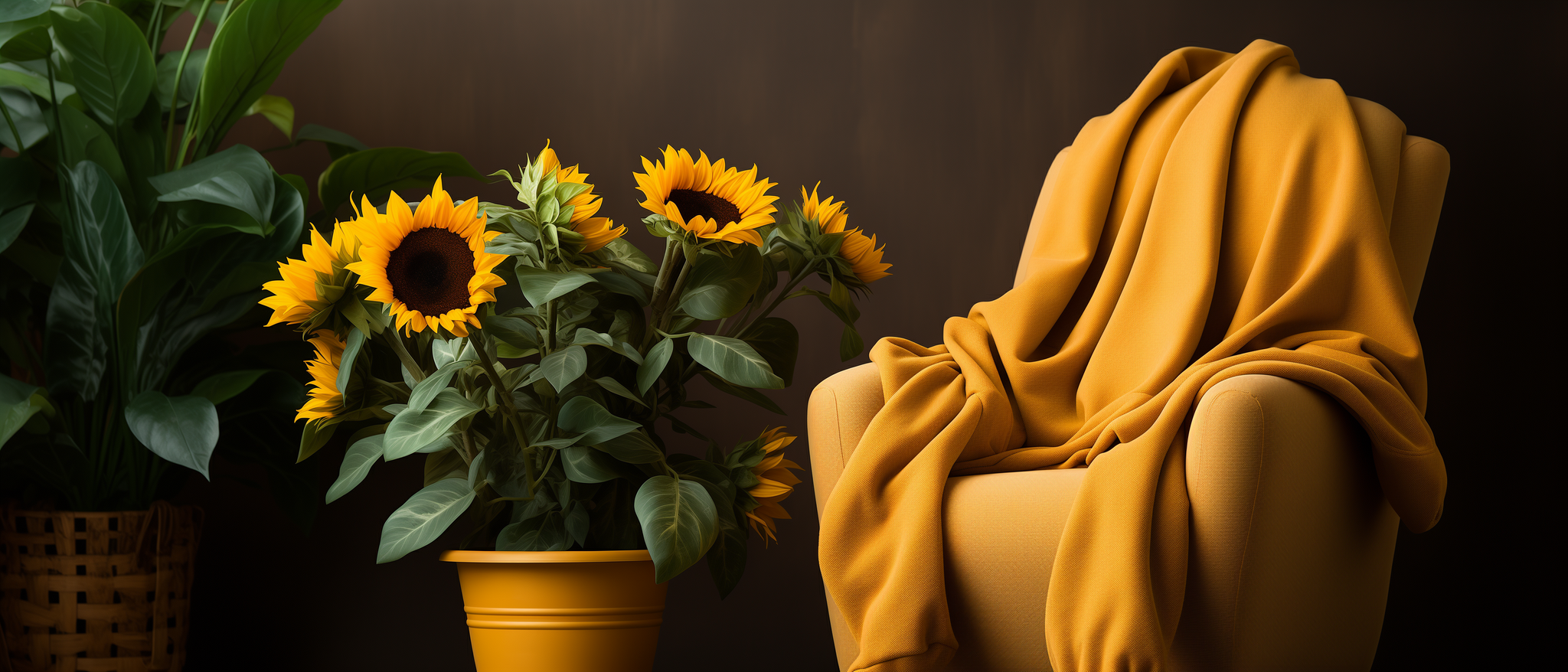 A cozy sunflower hoodie draped over a chair with a backdrop of indoor plants, radiating warmth and comfort