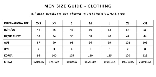 Men Size Guide - Clothing