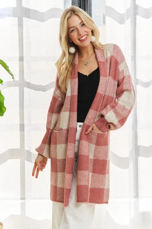 ADORA Full Size Checker Sweater Cardigan Plus Size