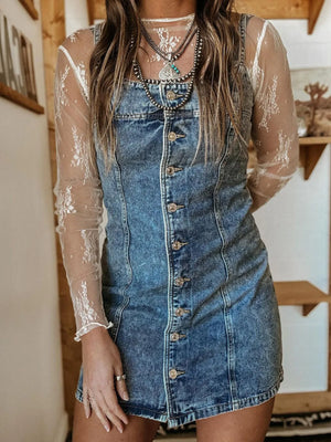 Button Front Square Neck Denim Dress - Sinful Femme