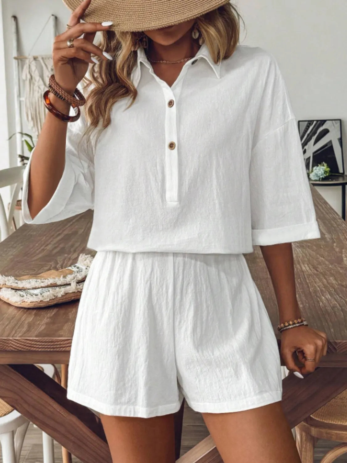 Collared Neck Half Sleeve Top and Shorts Set