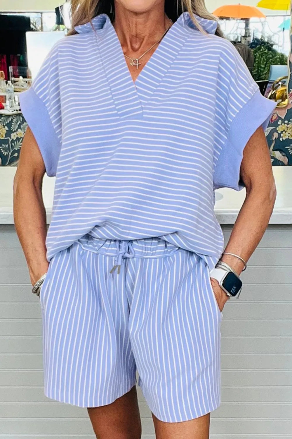 Casual Striped Short Sleeve Top and Shorts Two-Piece Set