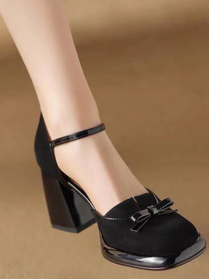 Bow Block Heel Ankle Strap Pumps - Sinful Femme