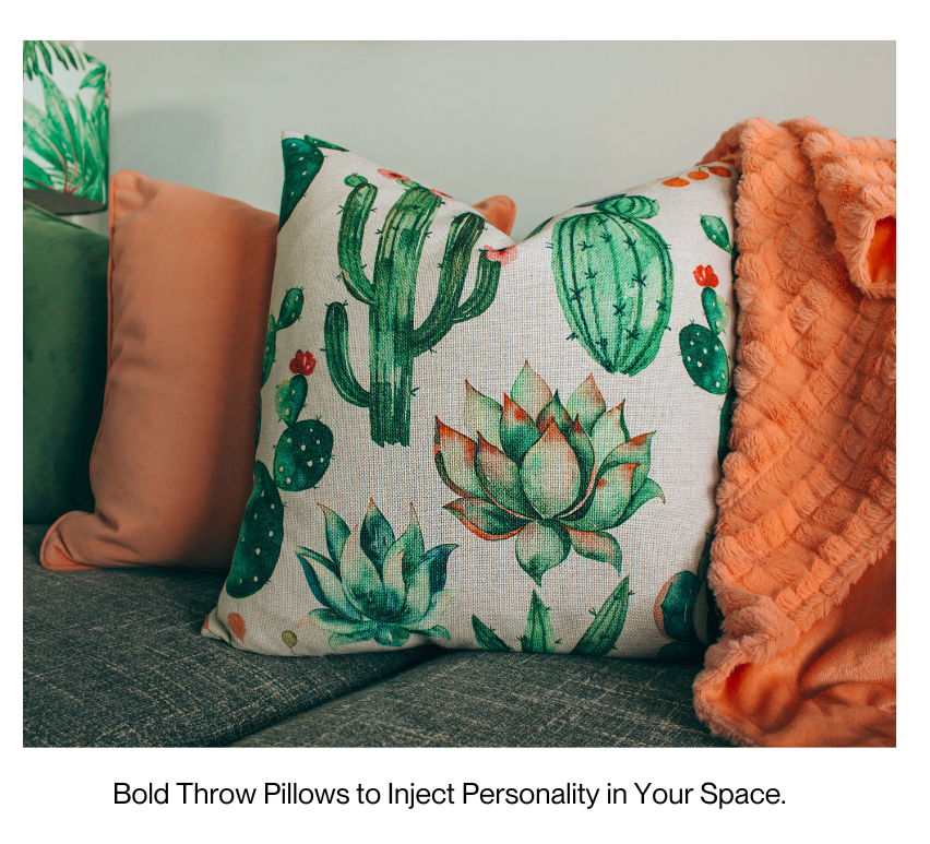 Bold throw pillows, with the central pillow decorated with a pattern of cacti