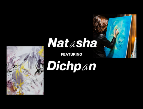 Banner Image of Artist Feature for Natasha Dichpan featuring an image of Natasha performing a live painting session and one of her pieces.