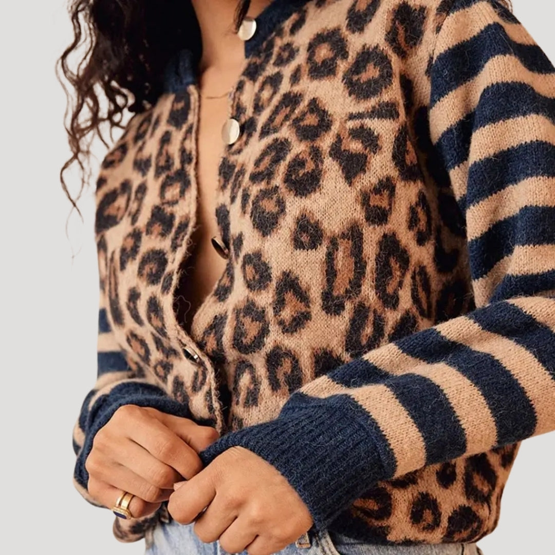 Product Image for Stilla | Leopard Og Stribet Strik Strikketrøje, Marineblå / L
