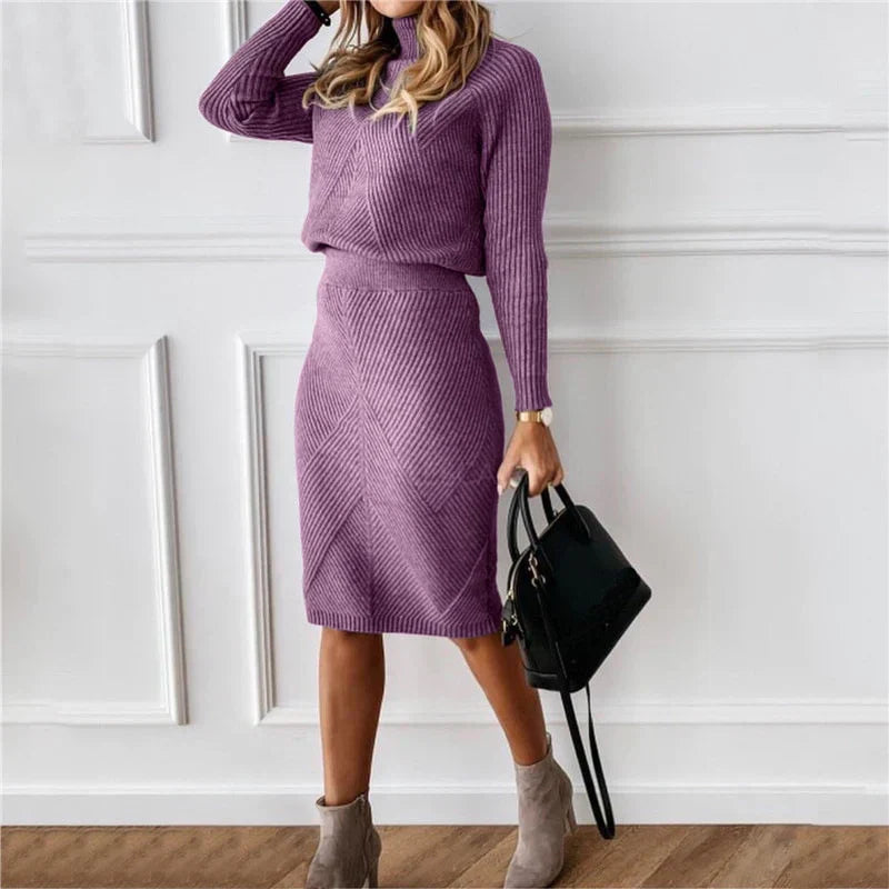 Product Image for Stilla | Strikdragt Af To Dele Med Rullekravebluse Og Bleistiftkjole, Violet / M