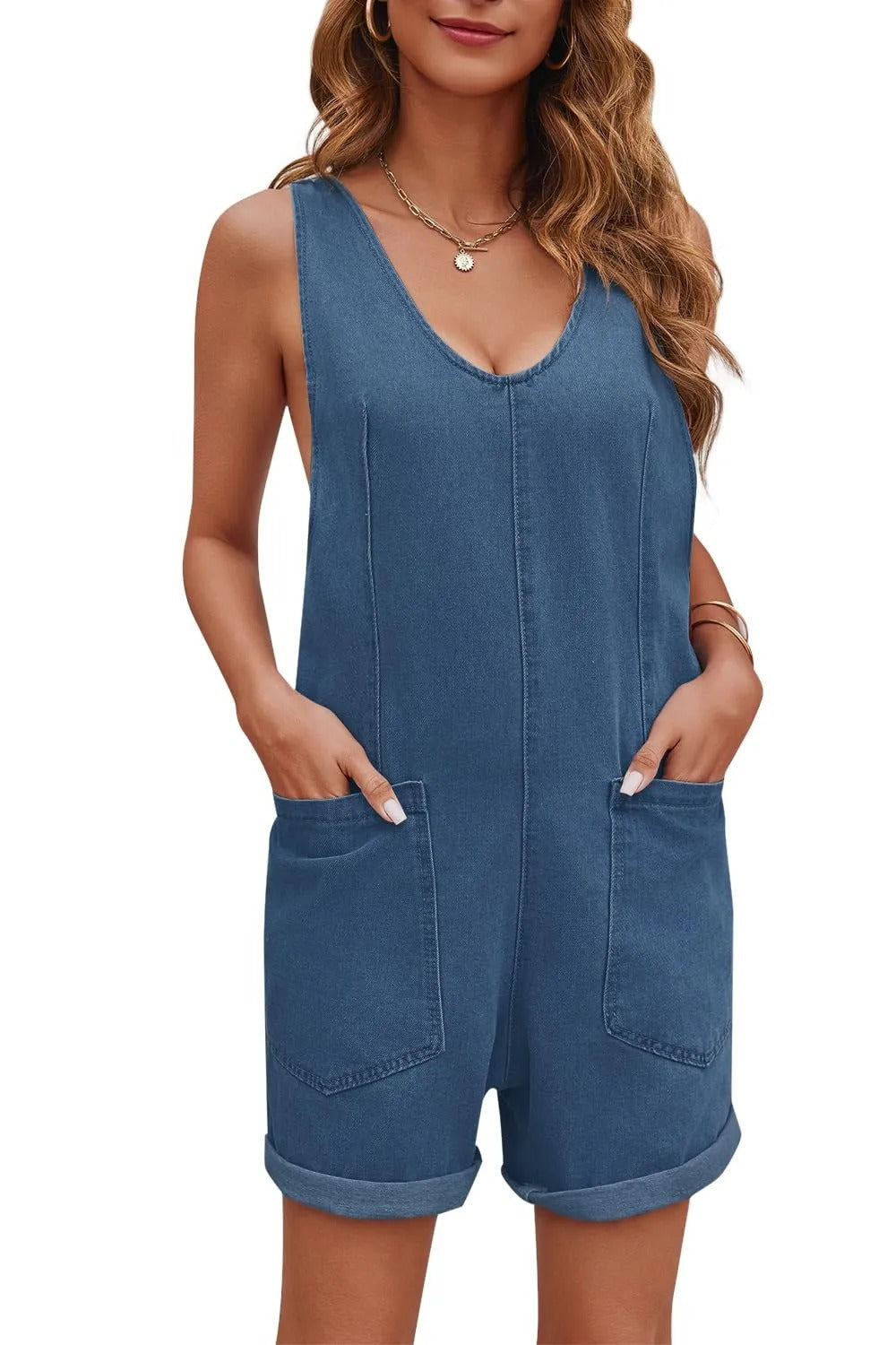 Product Image for Dame afslappet Denim-overall med dyb V-udskæring og praktiske lommer Stilla, Safirblå / S