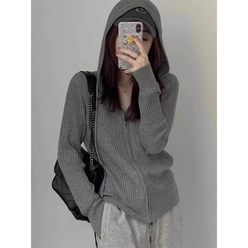 Product Image for Dame afslappet strik hoodie med lynlås og ribstruktur Stilla, Grå / S