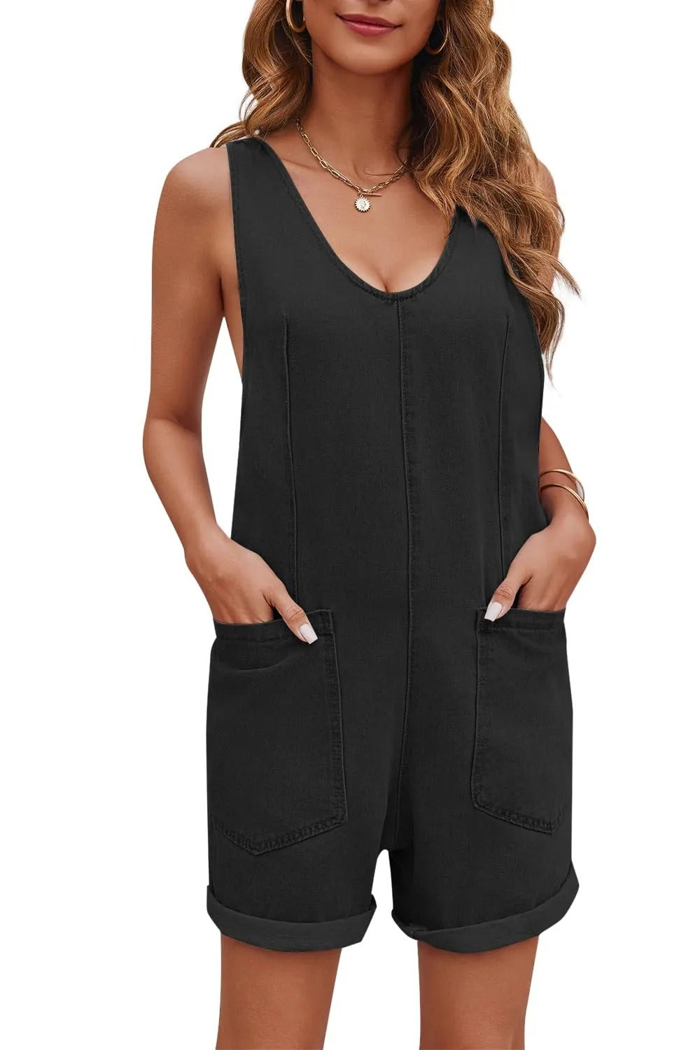Product Image for Dame afslappet Denim-overall med dyb V-udskæring og praktiske lommer Stilla, Sort / XXL