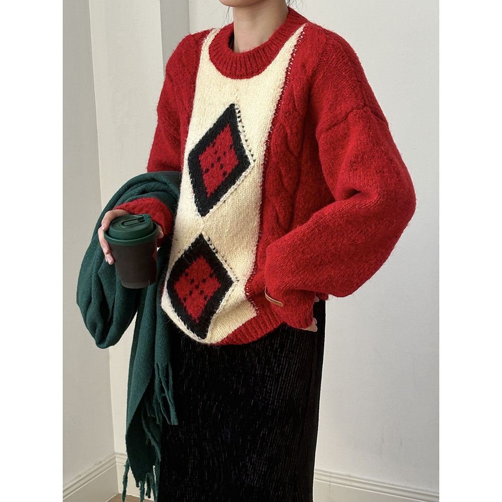 Product Image for Dame strikpullover med diagonalt rhombemønster og afslappet snit Stilla, Jule rød / 37