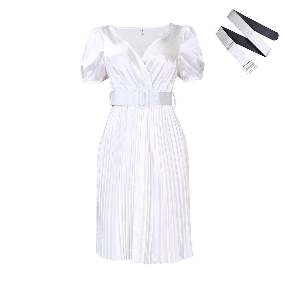 Product Image for Dame Plisseret Midi-Kjole med elegant V-udskæring og aftageligt hoftebælte Stilla, Hvid / XL