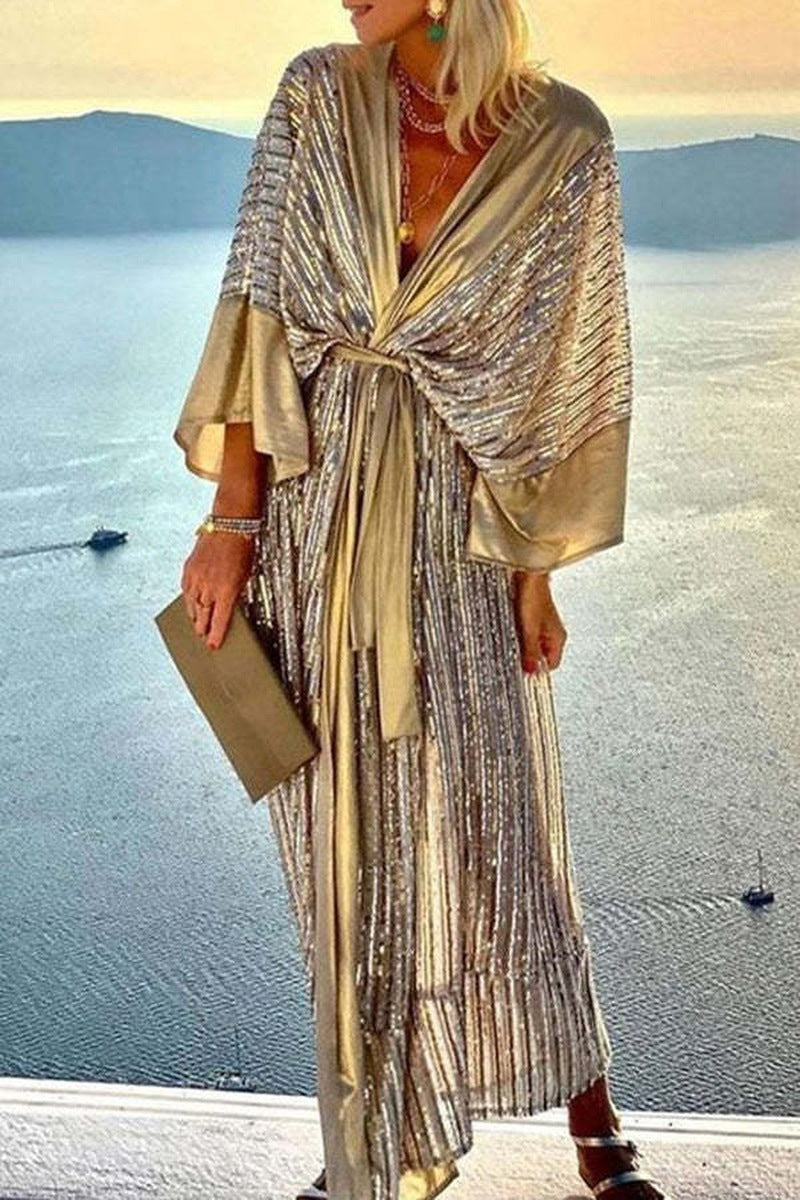 Product Image for Dame Kaftan Kjole med glitrende folder og svingende kant Stilla, Guld / XL