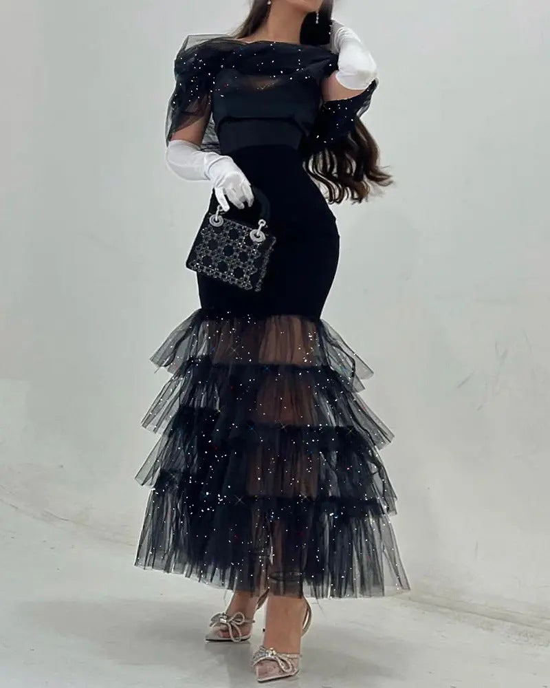 Product Image for Dame Couture kjole med glitrende tyl lag og elegante ærmer Stilla, Sort / M