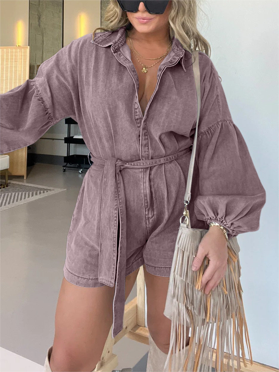 Product Image for Dame denim jumpsuit med løs pasform og elegante pufærmer Stilla, Graulila / M