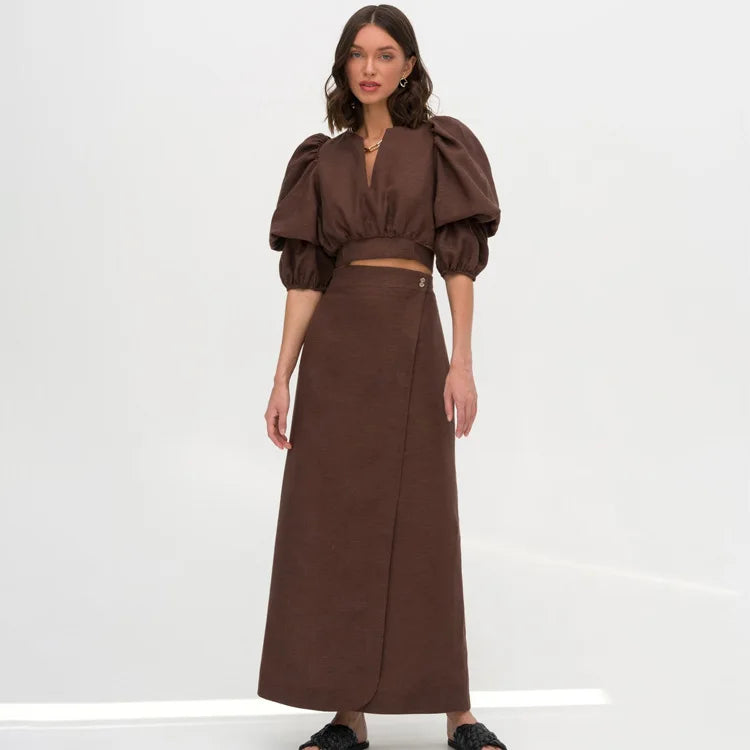 Product Image for Stilla | Sæt Bestående Af En Croppet Skjorte Og Lange Nederdele Med Høj Talje, Brun / S