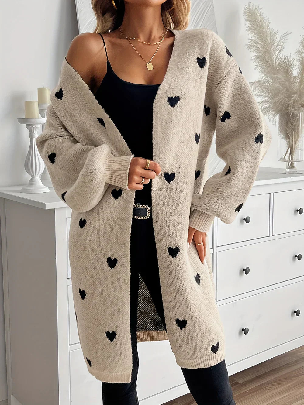 Product Image for Stilla | Joli Lang Cardigan Med Hjerte-mønster Til Kvinder, Brun / XL