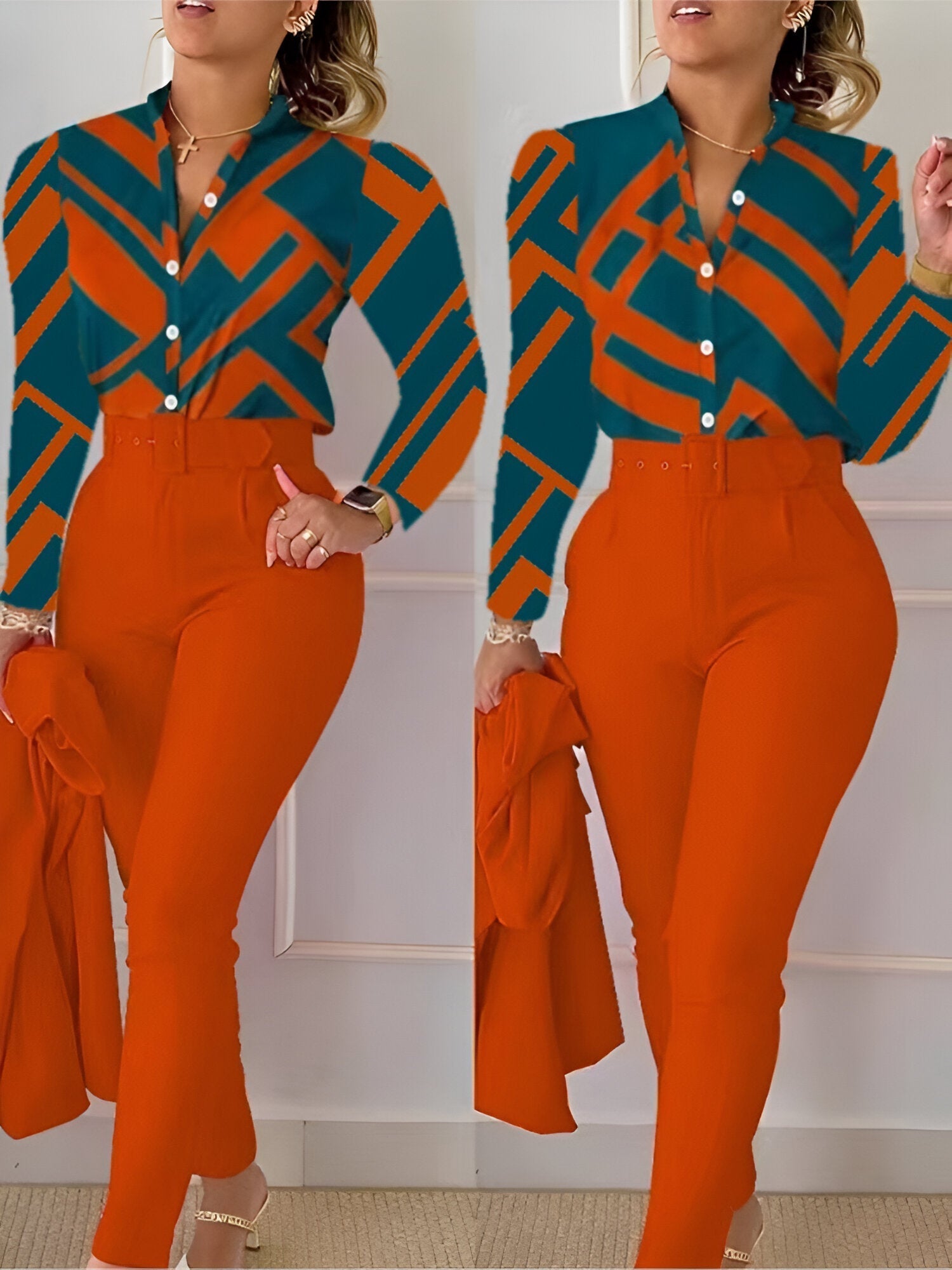 Product Image for Stilla | V-Hals Top Og Høj Talje Bukser, Orange rød / L