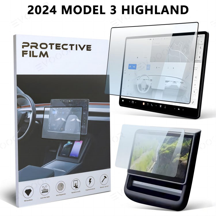 2024 Model 3 Highland Tempered Glass(9H) Screen Protector for Tesla, HD Version / Dashboard Screen & Second Row Seat Screen