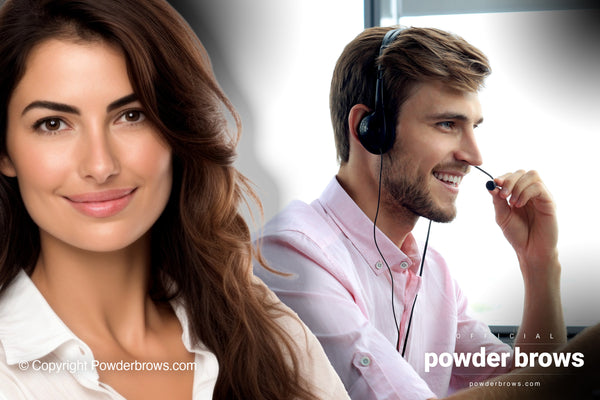 An attractive woman on the left and a handsome man answering a phone call with a headset on the right.