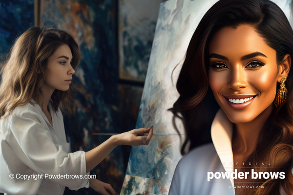An artist paints a picture on the left with a serious, concentrated face. An attractive female on the right, smiling with a confident expression.