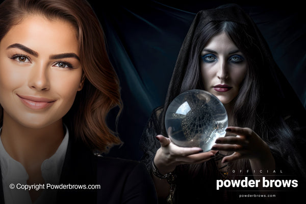 An attractive woman with a confident smile on the left and an older woman in dark clothing with a hood holding a crystal ball on the right.