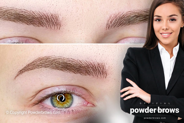 A close-up picture of two brows and underneath a close-up picture of one brow done in microblading technique on the left, an attractive smiling woman on the right.
