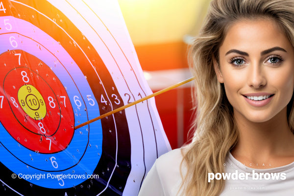 A target board with an arrow close to the middle red circle, between numbers 6 and 7, on the left and an attractive sporty women smiling on the right.