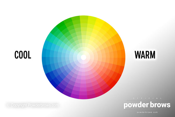 The color wheel with all the colors and their opposites, with the text cool on the left side and the text warm on the right side.