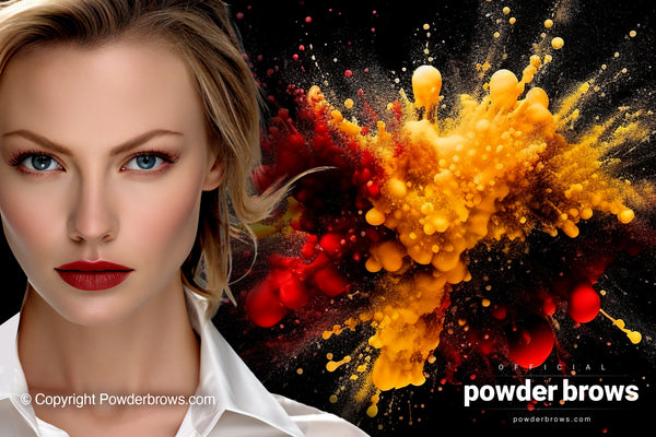 Attractive woman on the left and an explosion of red, black and yellow pigment on the right.