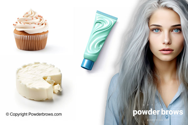 A cupcake with white icing, white cheese, and a tube of a cosmetic product on the left, and an attractive girl with gray hair on the right.