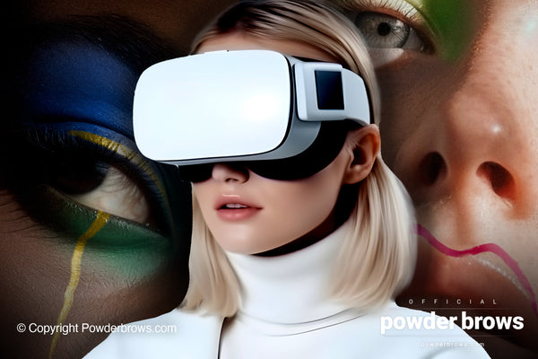 An attractive woman wearing a VR headset is in the center, a woman with a facial painting on the left, and a woman with a lipline made with a market on the right.