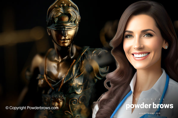 A statue of justice with blinded eyes on the left and a picture of an attractive woman smiling on the right.
