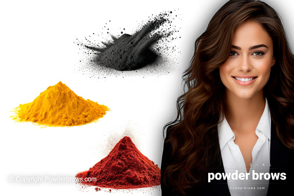 On the left are piles of black, yellow, and red powder, and on the right, an attractive woman smiling.