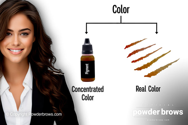 An attractive woman on the left, on the right, a label "color" divided into "concentrated color" with pigment bottle and "the real color" with drawdown stripes.