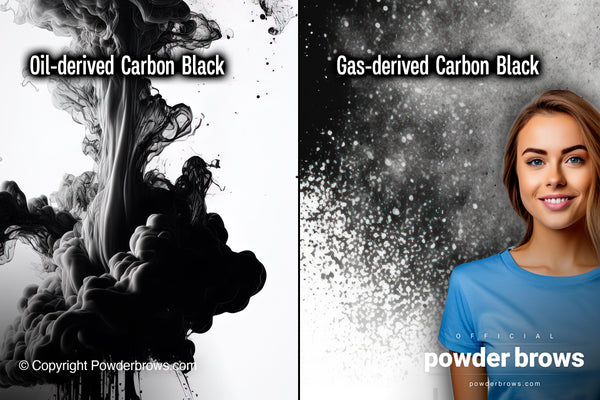 A drop of petroleum oil-like black substance spreading in water on the left, water colored with separate rather even-sized dust-like chunks of small black matter on the right, and an attractive woman in a blue t-shirt on the far right.