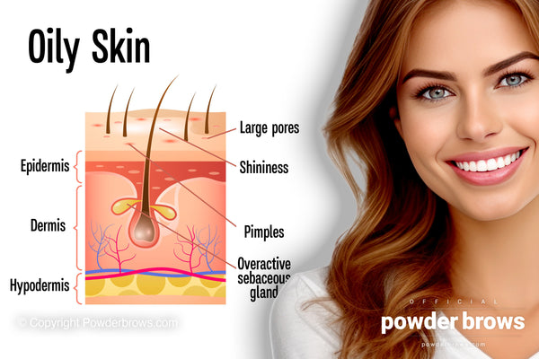 Layers of oily skin (epidermis, dermis, hypodermis) and and arrows pointing at Large pores, Shiny surface, Pimples, and Overactive sebaceous gland (as droplets coming out close the root of a hair inside the skin). A smiling face of an attractive woman on the right of the picture of skin.