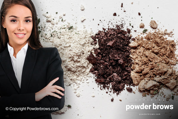 An attractive woman on the left and three piles of powder on the right: white, dark brown, and light brows.