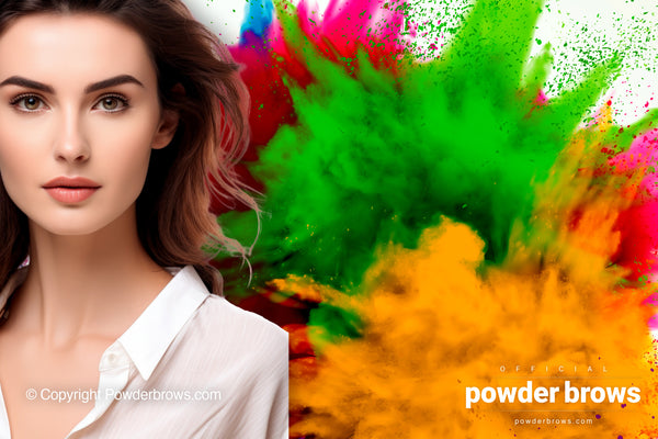 Attractive woman in classic clothing on the left and pigments in an explosion like form. Red, green and yellow pigments.